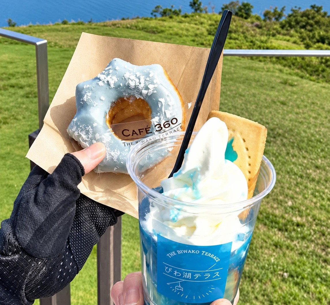 A 360 Blue doughnut from Café 360 and soft serve from Biwako Terrace